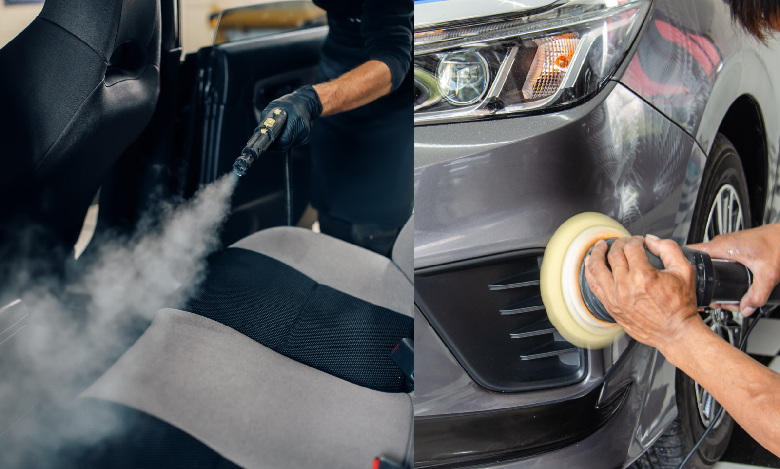 Limpieza a vapor del interior y pulido de la carrocería de un vehículo
